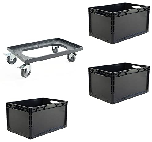 Schnellkarton Set 3 Euroboxen + Rollwagen Transportwagen Transportroller Eurobehälter Lagerbox Anthrazit Set Kistenroller Behälter Lagerkiste Stapelbox Lagerkasten Box Euronormbox Eurokiste Anthrazit