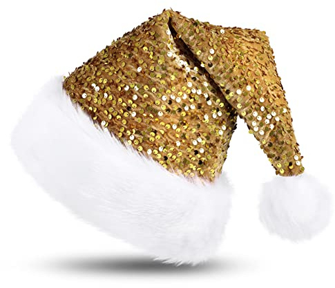 KONVINIT Cappello di Natale per Adulti con paillettes,Caldo Cappelli di Natale, Cappello di Babbo Natale,Cappello Elfo Natale per Natale Decorativo Cappello Natale Per uomo e donna,oro