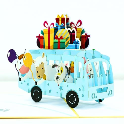HAPPY GIFTERS Bus Pop Up Geburtstagskarte - Geburtstags Geschenke 3D Pop Up Überraschung Handgemachte Geschenkkarten für Frauen, Männer und Kinder - Unisex Pop-up Geburtstagsgeschenk mit Umschlag