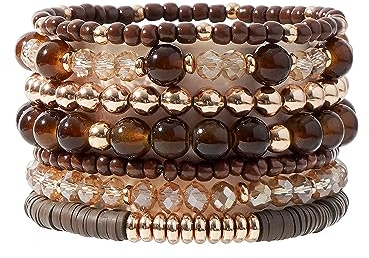 GOOJIDS Brown Surfer Heishi Clay Bead Bracelets for Women Bohemian Stackable Gold Plated Beaded Stretch Bracelets Elastic Layering Friendship Bracelets Set Boho Jewelry