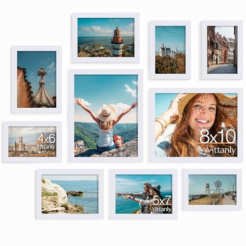 Vittanly 10 Pack Picture Frames Collage Wall Decor, Gallery Wall Frame Set for Wall or Tabletop Display, Engineered Wood and Shatter-resistant Plexiglass, Multi Sizes with 8x10, 5x7, 4x6 Frames, White