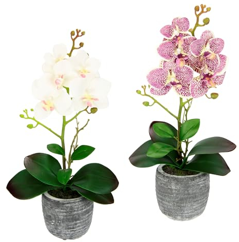Kunstblume Schmetterling Orchidee 35cm mit Blätter und Luftwurzeln im Topf Künstliche Blume Kunstorchidee Phalaenopsis Übertopf Kunstblume Hochzeit Deko Seidenblume Real Touch Blüte 2er Set, rosa/weiß