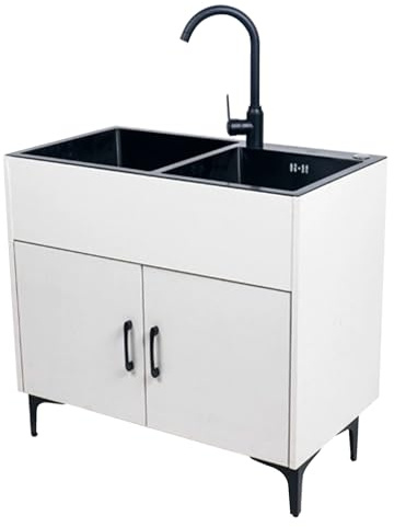 UYSELA 2 Becken SpüLe SpüLtische SpüLbecken Waschbecken SpüLen Edelstahl SpüLtechnik EdelstahlspüLe SpüLschrank SpüLtisch KüChenspüLe Abflusskorb Eckig KüChe,Weiß,43 * 78 * 81cm