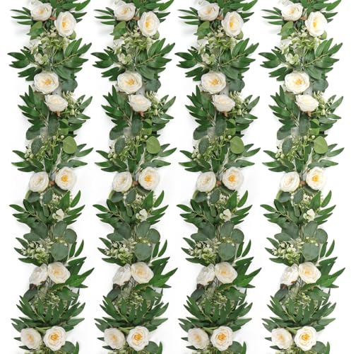MEIVINES 4 Stück Eukalyptus Girlande 2 Meter Künstliche Blumengirlande Weiß Blumengirlande Hochzeit Blumengirlande Deko Künstliche Rosengirlande Seidenblumen Hängende Girlande für Garten,Dekor