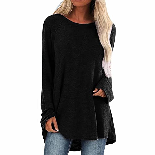 Kanpola tunika damer elegant lång tröja enfärgad lång tröja vår sommar rund hals skjorta blusar lös ledig långärmad blus skjorta topp för kvinnor, Svart-a, M
