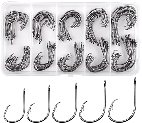 100Stk Kreis Angelhaken Kit Salzwasser Haken Hohen Kohlenstoffstahl Inline Angelhaken Chemisch Geschärft Barbed Point Octopus Angelhaken Größe 1/0-5/0