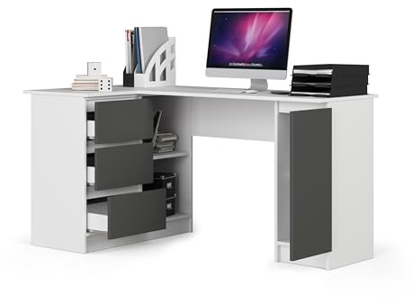 BDW Eckschreibtisch Links, 3 Schubladen und 4 Einlegeböden, viel Platz zum Ausbreiten, für Jugendzimmer, Büros und Ateliers, Computertisch, Arbeitstisch, Bürotisch, 155x77x93, Weiss/Grau