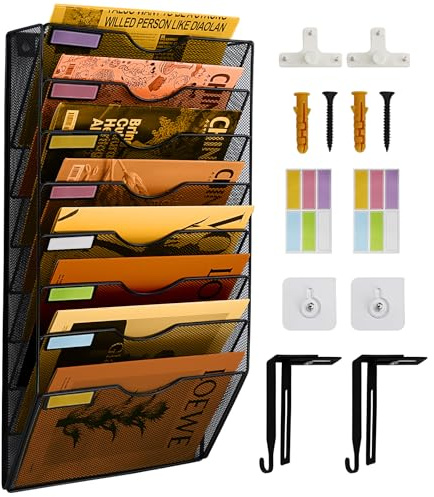 PLSOPPKG Hängeorganizer Wandablagefächer 8 Stöckiger Wandmontage Schreibtisch Organizer, A4 Zeitschriftenhalter Wand, Hängende Wandordner Dokumente Metall Büro Dokument Organizer für Zuhause