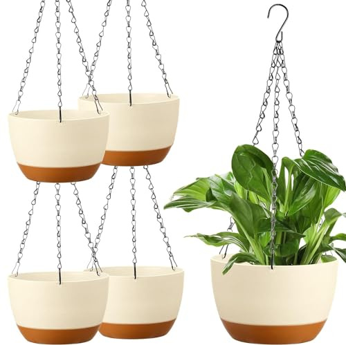 Aeetial 4 PCS Plastic Hanging Planters Set,8.3 Inch Hanging Flower Pot with Drainage Hole and Removable Tray for Indoor Outdoor Plants, Home Garden Porch Balcony Patio Decor (White)