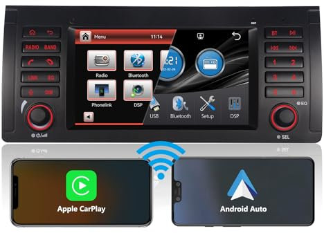 Autoradio Mit Bluetooth für BMW E39 E53 M5 X5 5er Radio Bildschirm Kompatibilität Mit Original-Lenkradsteuerungen Android Auto Wireless Carplay Autoradio Carplay Navi DSP AM FM RDS Doppel Din Radio