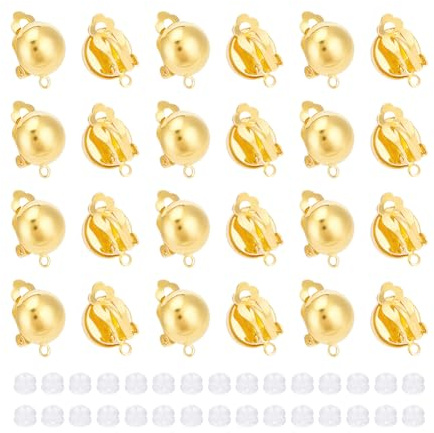 UNICRAFTALE 30 piezas - Convertidor de pendientes de clip de latón con hebillas - Convertidor de pendientes de media ronda, pendientes dorados sin perforar con tuercas de silicona