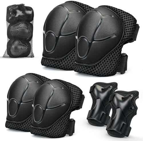 Kids Knee And Elbow Pads ,6pcs Wrist Guard Knee And Elbow Pads for Children, Kids Sports Protective Gear Set With Mesh Bag for Skateboard, Roller Skating, Biking, And Outdoor Multi-Sports (Black)