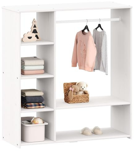 IDIMEX Kinderschrank Rafael mit Kleiderstange aus Kiefer - Weiß. Offener Schrank mit Fächern und Ablagen, Skandinavisches Design, Kinderregal nach Montessori Prinzipien