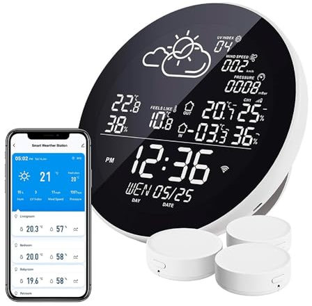 Station MéTéO Wifi IntéRieur ExtéRieur Sans Fil, Avec PluviomèTre Et AnéMomèTre ExtéRieur, Date & Heure, TempéRature Et Humidité, Pour La Maison Et Le Jardin (Écran noir et blanc +3* capteurs)