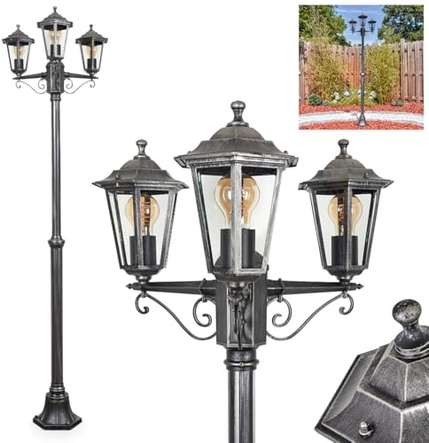 HOFSTEIN Kandelaber Loria, Außenwegeleuchte aus Metall/Glas in Schwarz/Silber/Klarglas, Leuchte im Antik/Retro/Vintage-Design für Garten/Außenbereich/Terrassen, Höhe: 200 cm, 3 x E27, IP44