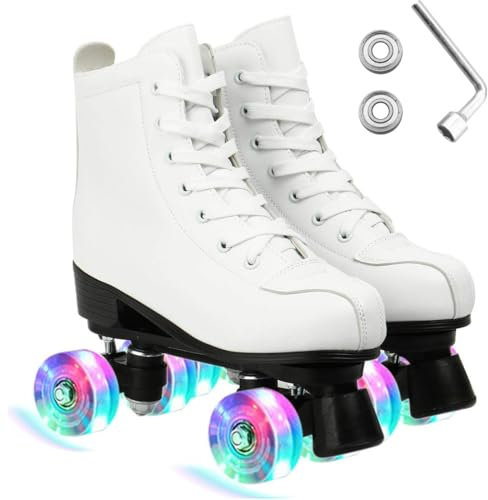 ERNAN Damen Klassische Retro Rollschuhe,Disco Roller,Classic Roller | Rollschuhe für Kinder und Erwachsene, komfortabl LED Rollerskates für Jugendliche und Anfänger.Mädchen. (White, 41)