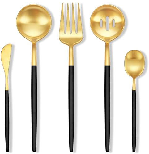 Stapava 5-Piece Black Gold Serving Utensils Set, Stainless Steel Hostess Set Include Large Spoons, Forks, Sugar Spoon & Butter Knife for Buffet Party Kitchen Restaurant, Satin Finish, Dishwasher Safe