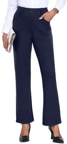 GRECERELLE Womens Work Trousers Office Smart Stretchy High Elasticated Waist Straight Leg Casual Yoga Pants for Women UK with Pockets Zipper