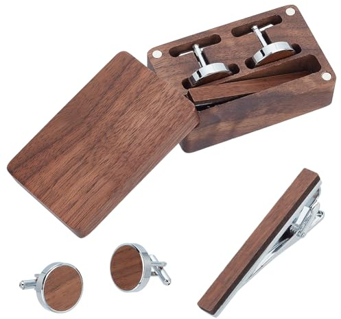 WEBEEDY Walnussholz Runde Manschettenknöpfe Krawattenklammern Set für Männer Krawattenstangen Clip Holz Krawattenhalter Clip und Manschettenknöpfe für Gentleman Anzug und Krawatte,Hochzeit