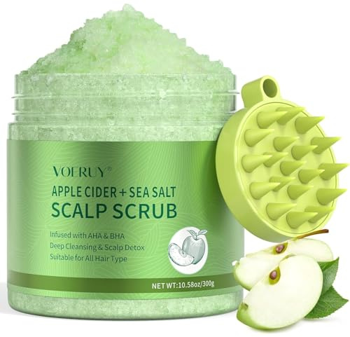 VOERUY Apple Cider Scalp Scrub, 2-in-1 AHA & BHA Scalp Exfoliator Shampoo, Detox Treatment with Sea Salt, Clarify and Remove Build Up with Silicone Scalp Massager, 10.6oz/300g