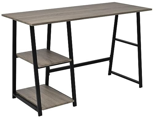 LAPOOH Schreibtisch mit 2 Regalen Grau und Eiche, Gaming Tisch, Computertisch, Computer Desk, Office Table, Bürotisch, Arbeitstisch, Nähtisch, Pc Tisch