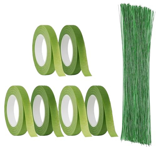 6 Rollen Floristenband und 20 Stiele Blumendraht, Grüner Blumendraht, Durchmesser Blumendrahtstangen für Bastelkränze und Sträuße
