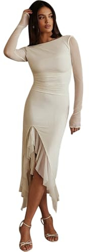 AOWVUTS Longues Robe Femme Robe Moulante à Manches Longues Robes Sexy Ruffle Robe Hauteur Fendue Bodycon Elégant Robe Chic Long Dress De Soirée Cocktail Party Night Out Automne