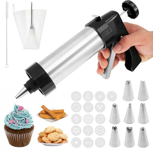 VAVPUP Gebäckpresse für Spritzgebäck,Edelstahl Spritzgebäck Maschine mit 16 Schablonen,8 Tüllen und Reinigungsbürste,Multifunktionale Gadgets zum Keksbacken für Churros,Keksen,Kuchen,Desserts