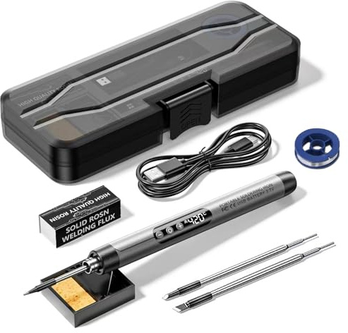 Hengrongshen Lötkolben Set, Lötkolben Akku mit LED Anzeige, 3 Lötspitzen, Tragbarer Soldering Iron, Temperatur Einstellbar 260-420°C, USB Lötkolben Reparatur Des Schweißens Eisenhaltig