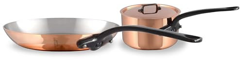 Mauviel M'Heritage 150 CI 1.5mm Polished Copper & Stainless Steel DeLuxe 3-Piece Cookware Set, With Sauce Pan With Lid, 1.8-Qt and Frying Pan 7.8-In, Cast Iron Handles, Made in France