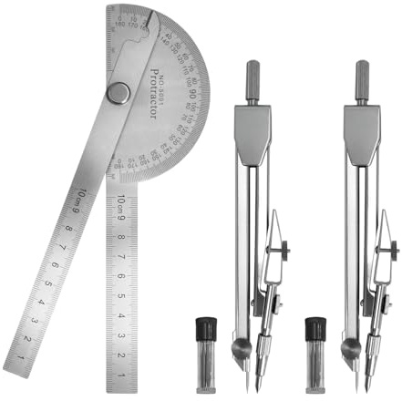 Protractor and Compass Set - 10cm (3.94 Inch) Stainless Steel Angle Finder with 2 Metal Compasses, 180° Adjustable Two Arm Ruler for Geometry, Woodworking, Engineering & School Supplies
