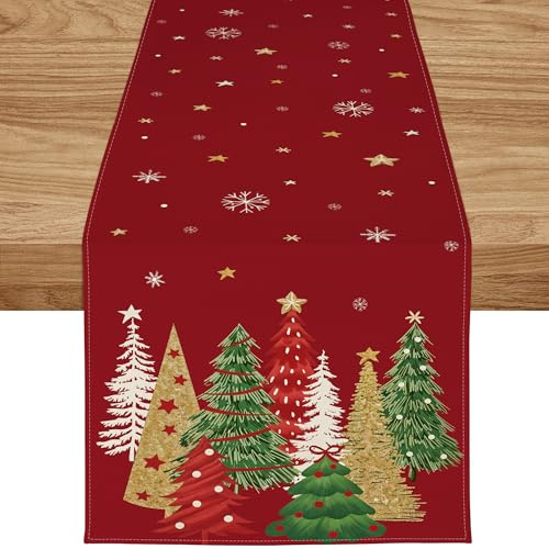 ZWJD Christmas Table Runner 40x180 cm Red Modern Christmas Decorations With Christmas Trees and Snowflakes Xmas Table Runner, for Holidays, Dining Room Living kitchen Table Decorations