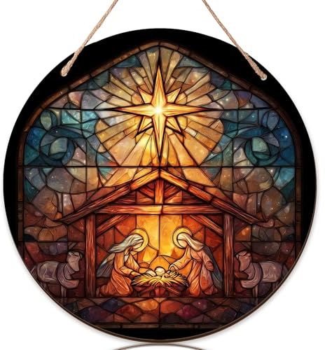 Letrero de bienvenida de estrella para puerta delantera, pesebre de Navidad, pesebre de establo, decoración de puerta de madera dorada, letrero colgante para porche delantero, entrada al aire libre