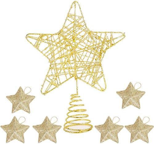 Gleevio Weihnachtsbaumspitze Stern, Glitzer Große Christbaumspitze Stern mit 6 Sterne Christbaumschmuck Anhänger Gold, Baumspitze Weihnachten, Tannenbaum Spitze 23x27cm, Weihnachtsbaum Sterne Spitze