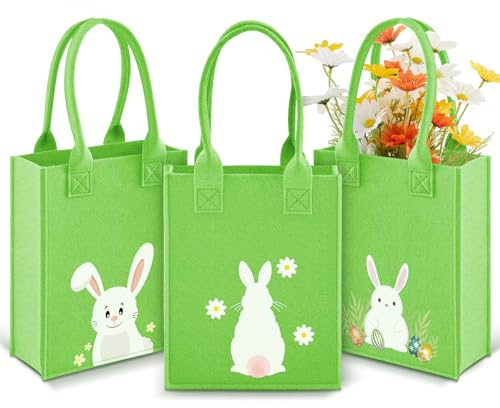 Xuniea 3 Stück Ostern Filztaschen Geschenktaschen für Blumen 22 x 18 x 7 cm Ostertasche mit Henkel Osternest Verpackung Osterhase Taschen Ostertüte für Geschenken Eiersuche Partyzubehör Mitgebsel
