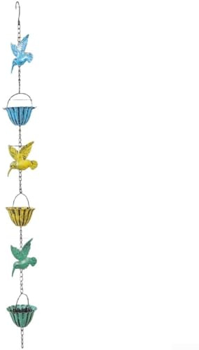 Outdoor-Wasserspiel-Regenkette 7 2,4 m mit bronzefarbenem Kolibri- und Blumen-Design, Metallkonstruktion mit Anti-Finish, gewichtet für Stabilität bei Stürmen