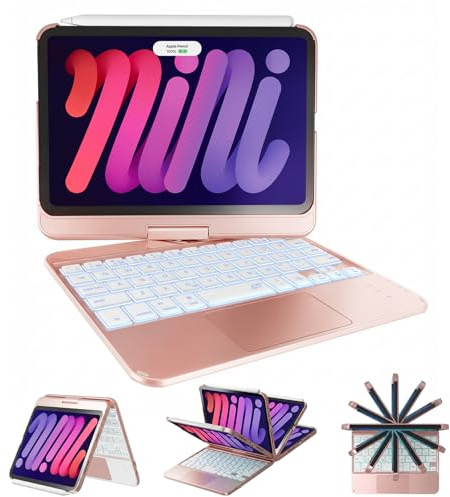 NOKBABO iPad mini 7 Keyboard Case with Trackpad A17 Pro（2024）& iPad mini 6 Case with Keyboard 2021 8.3 Inch, 360° Swivel & Rainbow Backlit for iPad mini 7th/6th Generation - Rose Gold