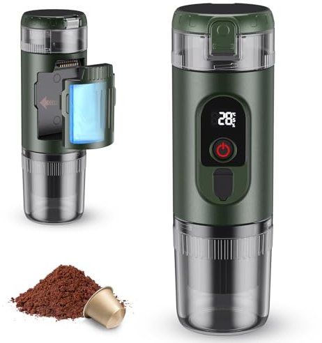 Cafetière portable 2 en 1 avec batterie de 7650 mAh, extraction à chaud/froid, pour capsules Nespresso et café moulu, portable pour le bureau, les voyages et le camping (vert)
