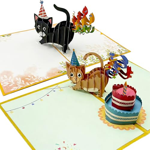 2 Stück Pop Up Geburtstagskarte Katze, 3D Geburtstag Glückwunschkarte mit Umschlag, Niedliche Katzen Pop-Up Karte für Katzenliebhaber, Lustige Geschenkkarte für Frauen Männer, Katzen Deko Geldgeschenk
