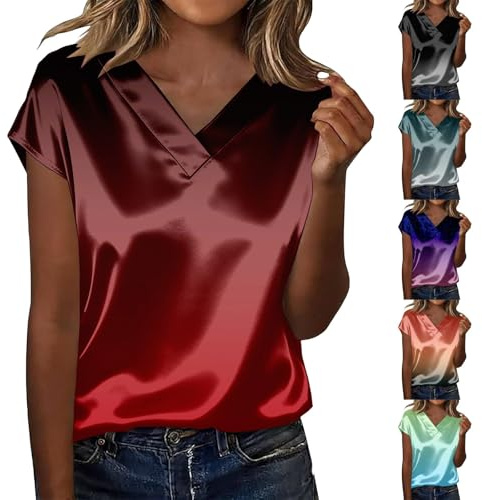 Blusas de seda para mujer, blusa de satén, manga corta, elegante, cuello en V, camisetas degradadas, tallas grandes, camiseta de seda cómoda, camiseta brillante