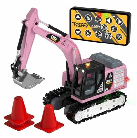 Hellery Mini Excavadora Teledirigida Vehículo de Construcción RC Coche de Juguete Modelo a Escala Brazo Articulado y Cazo Funcional Rotación de y Secuencia, Rosa