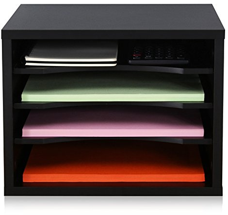 FITUEYES Wood Desk Paper Organizer with 4 Tiers Storage, Desktop File Holder, Document Letter Sorter Tray with Adjustable Shelves, Home Office Wooden Mail Rack, Black