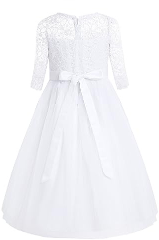 Freebily Blumenmädchenkleid Mädchen Festliche Spitze Prinzessin Kleid für Hochzeit Party Brautjungfer Kleid Kommunionkleid in gr.98-176 Weiß 164