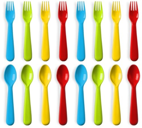 Plaskidy 16 Pc Plastic Toddler Utensils Set - 8 Kids Forks & 8 Kids Spoons, BPA Free/Dishwasher Safe, Brightly Colored Silverware, Great for Toddlers