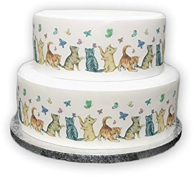 Edible Decor Sheet Cute Kitten and Butterfly Themed Border Ribbon - Perfect for Larger cakes - Easy to Use