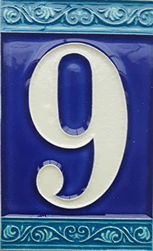 House Numbers Phosphorescent Hand-painted Italian Ceramic Numbers Tiles, Roman Design, Tile Size: 11cm x 7cm (9)