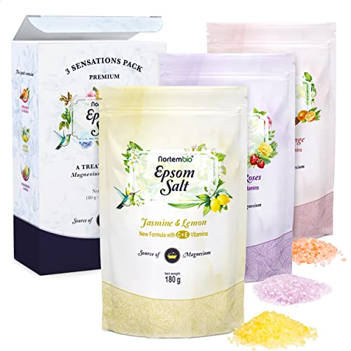 Nortembio Epsom Salt Gift Pack Cinnamon, Jasmine and Rose Fragrances 3 x 180g | Natural Magnesium with Vitamins C & E | Relaxing Baths, Spa, Hydration + Free E-Book