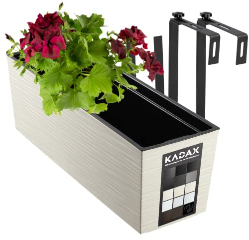 KADAX Jardinière en Plastique, 18,5x56 cm, bac à Fleurs avec Insert, jardinière de Balcon résistante aux intempéries, Pot de Fleurs rectangulaire (avec Supports, Motif rainuré, Crème)