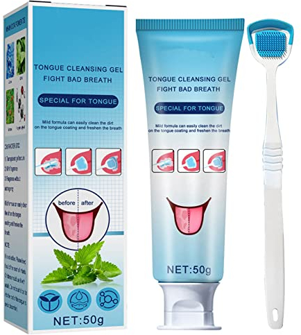 Tongue Cleaner Gel with Tongue Brush, Tongue Scraper, Tongue Cleaner Kit, Fresh Mint Tongue Cleaner Gel for Reduce Bad Breath and Maintain Mouth Health (Classic)