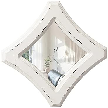 Sintosin Farmhouse Kleiner dekorativer Spiegel für Wanddekoration, Wohnzimmer, 20,1 cm, hängend, Used-Look, weißer Vintage-Holzrahmen, Schlafzimmerspiegel, rustikaler Rhombus-Wandspiegel für